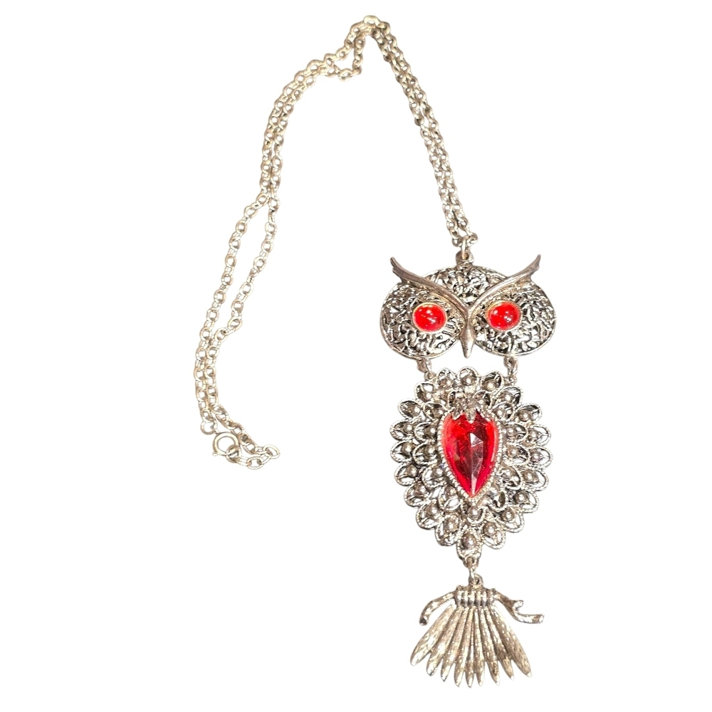 Vintage Silver and Red Crystal Owl Necklace